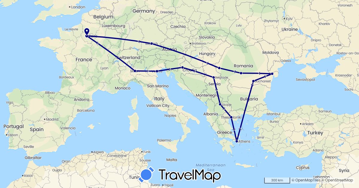 TravelMap itinerary: driving in Germany, France, Greece, Croatia, Italy, Macedonia, Romania, Serbia (Europe)