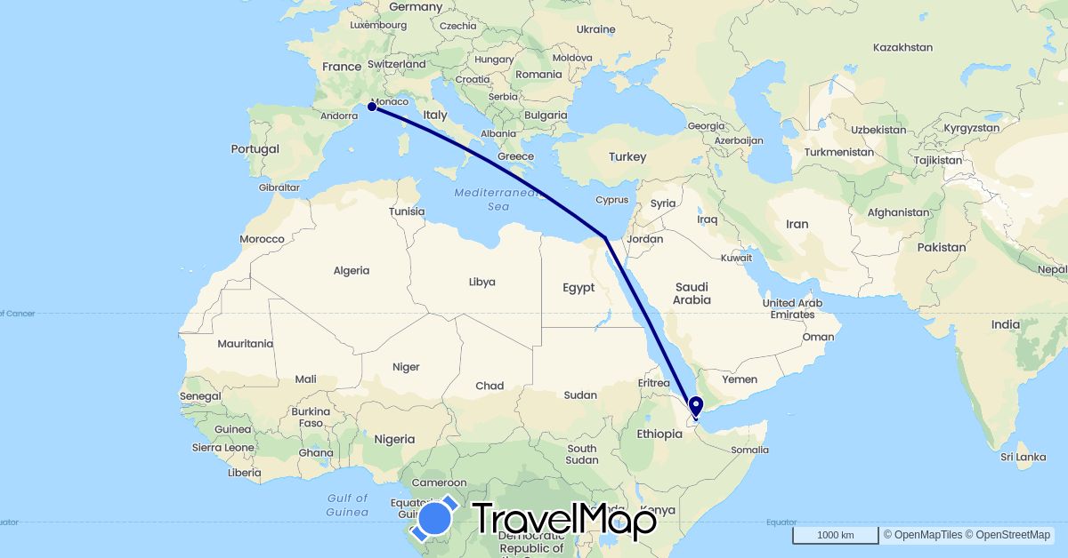 TravelMap itinerary: driving in Djibouti, Egypt, France (Africa, Europe)